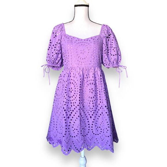 English Factory Scallop Edge Mini Dress Sz S Lavender Purple Puffy Sleeves NWT - Picture 5 of 16